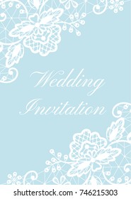 Wedding invitation template with white lace border on blue background