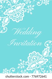 Wedding invitation template with white lace border on turquoise background