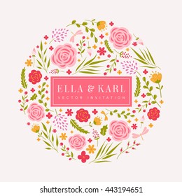 Wedding invitation template in white, pink, and green colors. Cute card with flowers. Vector illustration.
