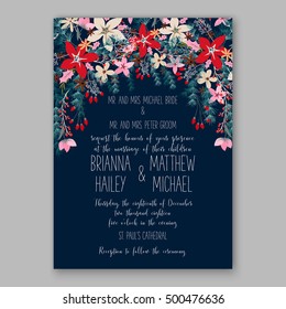 Wedding invitation template with winter bridal bouquet Christmas party invitation with pine branch and poinsettia Christmas holiday wreath of poinsettia, needle, holly
