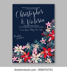 Wedding invitation template with winter bridal bouquet Christmas party invitation with pine branch and poinsettia Christmas holiday wreath of poinsettia, needle, holly