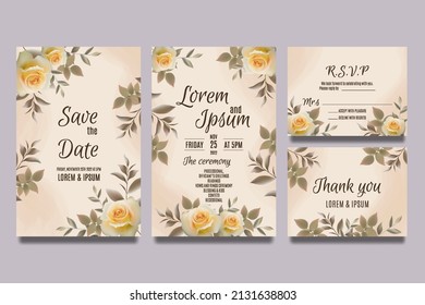 Wedding invitation template with yellow roses and brown leaves