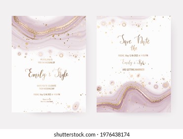 Wedding invitation templates with  agate mineral border and gold texture.