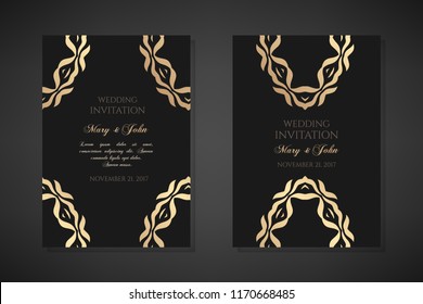 Wedding invitation templates. Cover design with ornaments and black background. Vector decorative vertical posters with copy space.