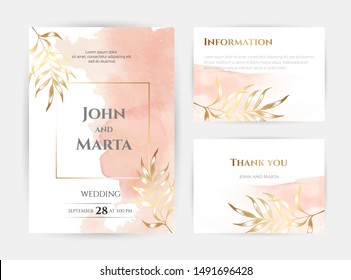 wedding invitation templates. Cover design with gold leaves ornaments. set with hand drawn watercolor background. Vector eps10.