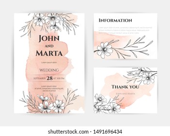 wedding invitation templates. Cover design with gold leaves ornaments. set with hand drawn watercolor background. Vector eps10.