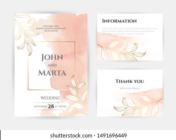 wedding invitation templates. Cover design with gold leaves ornaments. set with hand drawn watercolor background. Vector eps10.