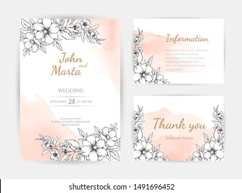 wedding invitation templates. Cover design with gold leaves ornaments. set with hand drawn watercolor background. Vector eps10.