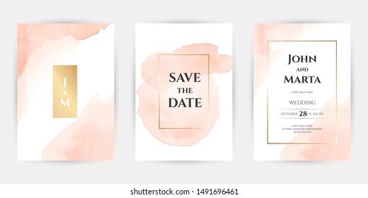 wedding invitation templates. Cover design with gold leaves ornaments. set with hand drawn watercolor background. Vector eps10.