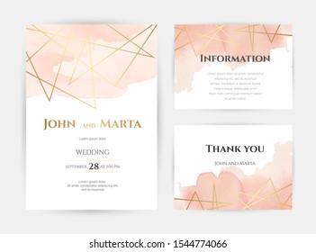 wedding invitation templates. Cover design with gold ornaments. set with hand drawn watercolor background. Trendy templates for banner, flyer, poster, greeting. eps10
