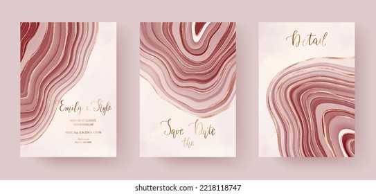 Die Einladungs-Vorlagen für Hochzeiten mit agatem Slice-Rand und goldenen Wellen.