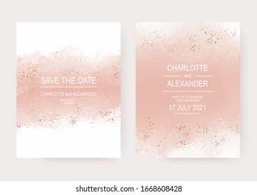 Wedding Invitation Templates With Peach Watercolor Brush Stroke And Gold Confetti.