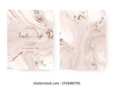 Wedding invitation templates with rose gold dust and agate slice texture.
