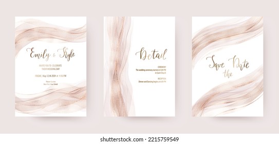 Plantillas de invitación a bodas con ondas de oro rosa y textura delicada rosada. 