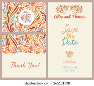 Wedding invitation templates set with doodle floral ornaments and save the date lettering