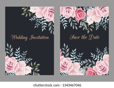 Wedding invitation templates set with rose flowers and leaves, thank you card, save the date cards, baby shower, menu, flyer, banner template.Gentle black background for invitations or greeting cards.