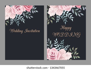 Wedding invitation templates set with rose flowers and leaves, thank you card, save the date cards, baby shower, menu, flyer, banner template.Gentle black background for invitations or greeting cards.