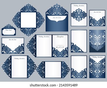 Wedding invitation templates set: Save the Date, place cards, invitation, envelopes, menu etc. Openwork lace templates for cutting.