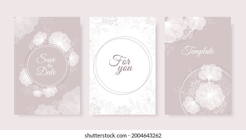 Wedding invitation templates set with white flowers and circle frame on powder background. Vector outline flowers and leaves. Geometry with elegant flowers.