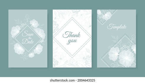 Wedding invitation templates set with white flowers and rhombus frame on eucalyptus background. Vector outline flowers and leaves. Geometry with elegant flowers.