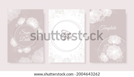 Wedding invitation templates set with white flowers and circle frame on powder background. Vector outline flowers and leaves. Geometry with elegant flowers.