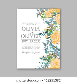 Wedding invitation template.Sweet wedding bouquets of rose, peony, orchid, anemone, camellia,and eucalipt leaves. Vector design elements.