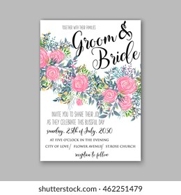 Wedding invitation template.Sweet wedding bouquets of rose, peony, orchid, anemone, camellia,and eucalipt leaves. Vector design elements.