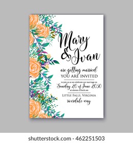 Wedding invitation template.Sweet wedding bouquets of rose, peony, orchid, anemone, camellia,and eucalipt leaves. Vector design elements.
