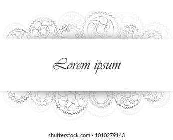 Wedding invitation, thank you card or business card template. Gears black and white contour stylish design invite postcard. Elegant vector illustration with cogs and wheels background.