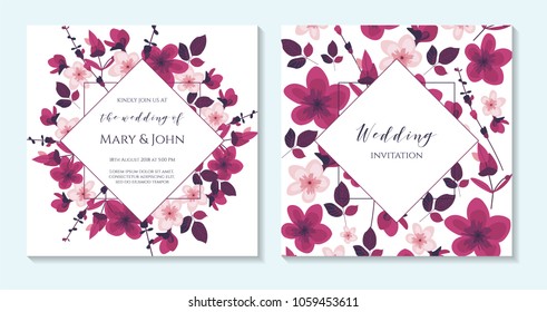 Wedding invitation, thank you card, save the date cards. Wedding invitation, baby shower, menu, flyer, banner template with floral pattern, hand drawn lettering, background. Summer wedding invitation.