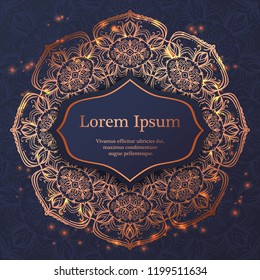Wedding invitation,  thank you card, modern tribal ornament background in deep marine blue and copper color. Vector elegant template
