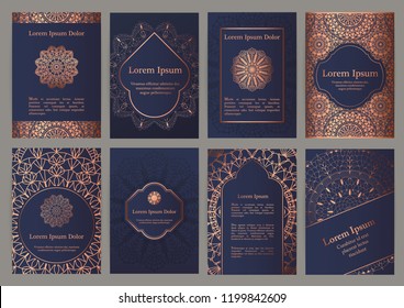 Wedding Invitation,  Thank You Card, Modern Tribal Ornament Background Templates In Deep Marine Blue And Copper Color. Vector Elegant Template