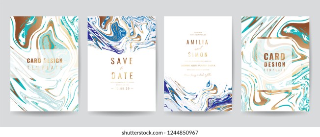 Wedding Invitation, Thank you Card, rsvp, posters, modern card Design Collection. Trendy Marble background, Marbling texture design in navy blue ,green turquoise and golden texture vector temple.