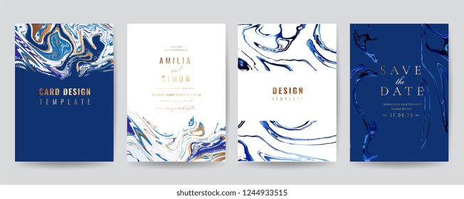 Wedding Invitation, Thank you Card, rsvp, posters, modern card Design Collection. Trendy indigo Marble background, Marbling texture design in navy blue ,green turquoise and golden texture vector 