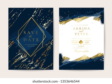 Wedding Invitation, Thank you card, rsvp, posters design collection. Trendy indigo blue and white Marble background texture - Vector