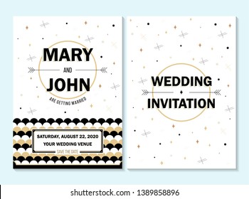 Wedding invitation, thank you card, save the date card. Wedding invitation, baby shower, menu, flyer, banner template with calligraphy, confetti, background. Elegant hipster rustic wedding invitation