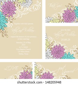 Wedding invitation, thank you card, save the date cards. Wedding set. RSVP card  Elegance Seamless pattern with flowers roses, floral illustration in vintage style