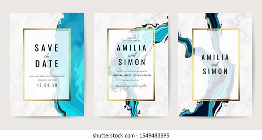 Wedding Invitation, Thank you Card, rsvp, posters, modern card Design Collection. Trendy indigo Marble background, Marbling texture design in navy blue ,green turquoise and golden texture vector 