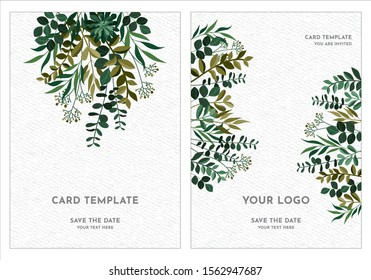 Wedding Invitation, thank you card design with green tropical palm leaf, 
eucalyptus branches decorative frame pattern. Handdrawn Vector nature art template.