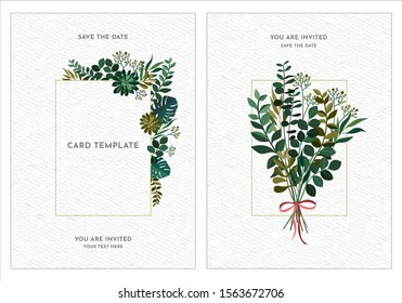 Wedding Invitation, thank you card design with green tropical palm leaf, 
eucalyptus branches decorative frame pattern. Handdrawn Vector nature art template.