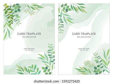 Wedding Invitation, thank you card design with green tropical palm leaf, 
eucalyptus branches decorative frame pattern. Handdrawn Vector nature art template.