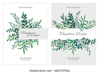 Wedding Invitation, thank you card design with green tropical palm leaf, 
eucalyptus branches decorative frame pattern. Handdrawn Vector nature art template.