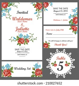 Wedding invitation, thank you card, save the date cards. Wedding set. Vector Floral Frame Set. Easy to edit. For invitations or announcements. Invitation card, table number, guest card, invited card. 