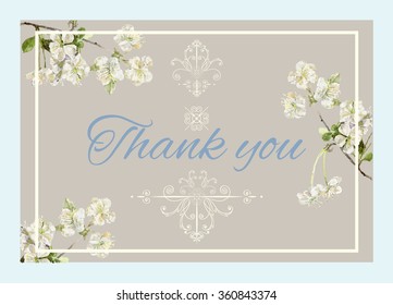 Wedding invitation thank you card with watercolor apple tree flowering branches. Wedding collection. Can be used as greeting card. Vector illustration