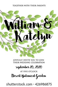 Wedding invitation, thank you card, save the date cards. Wedding set. RSVP card Vector hand drawn watercolor laurel wreath. Template with green branches,leaves wreath,laurels