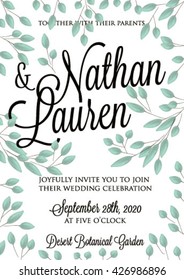 Wedding invitation, thank you card, save the date cards. Wedding set. RSVP card Vector hand drawn watercolor laurel wreath. Template with green branches,leaves wreath,laurels