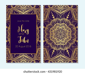 Wedding invitation, thank you card, save the date, baby shower cards. Wedding invitation, baby shower, menu, flyer, banner template, mandala background, Indian design.