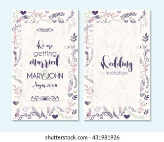 Wedding invitation, thank you card, save the date cards. Wedding invitation, baby shower, menu, flyer, banner template with feathers, hand drawn calligraphy,  background. Summer wedding invitation.