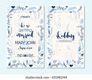 Wedding invitation, thank you card, save the date cards. Wedding invitation, baby shower, menu, flyer, banner template with feathers, hand drawn calligraphy,  background. Summer wedding invitation.