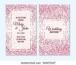 Wedding invitation, thank you card, save the date card. Wedding invitation, baby shower, menu, flyer, banner template with red, pink heart, confetti, background. Elegant luxury wedding invitation.